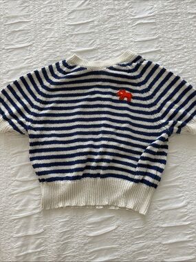 Short Navy & Cream Striped Women's Sweater with Red Patch